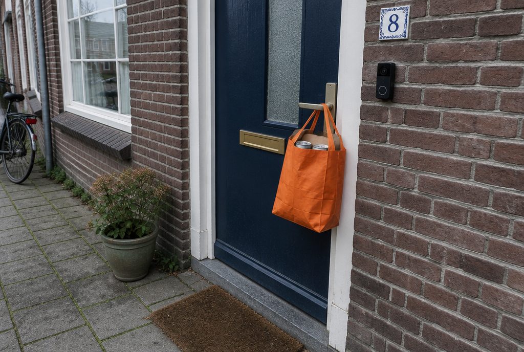 Bezorgtas met blikjes en eten aan de deurklink van een Nederlands rijtjeshuis